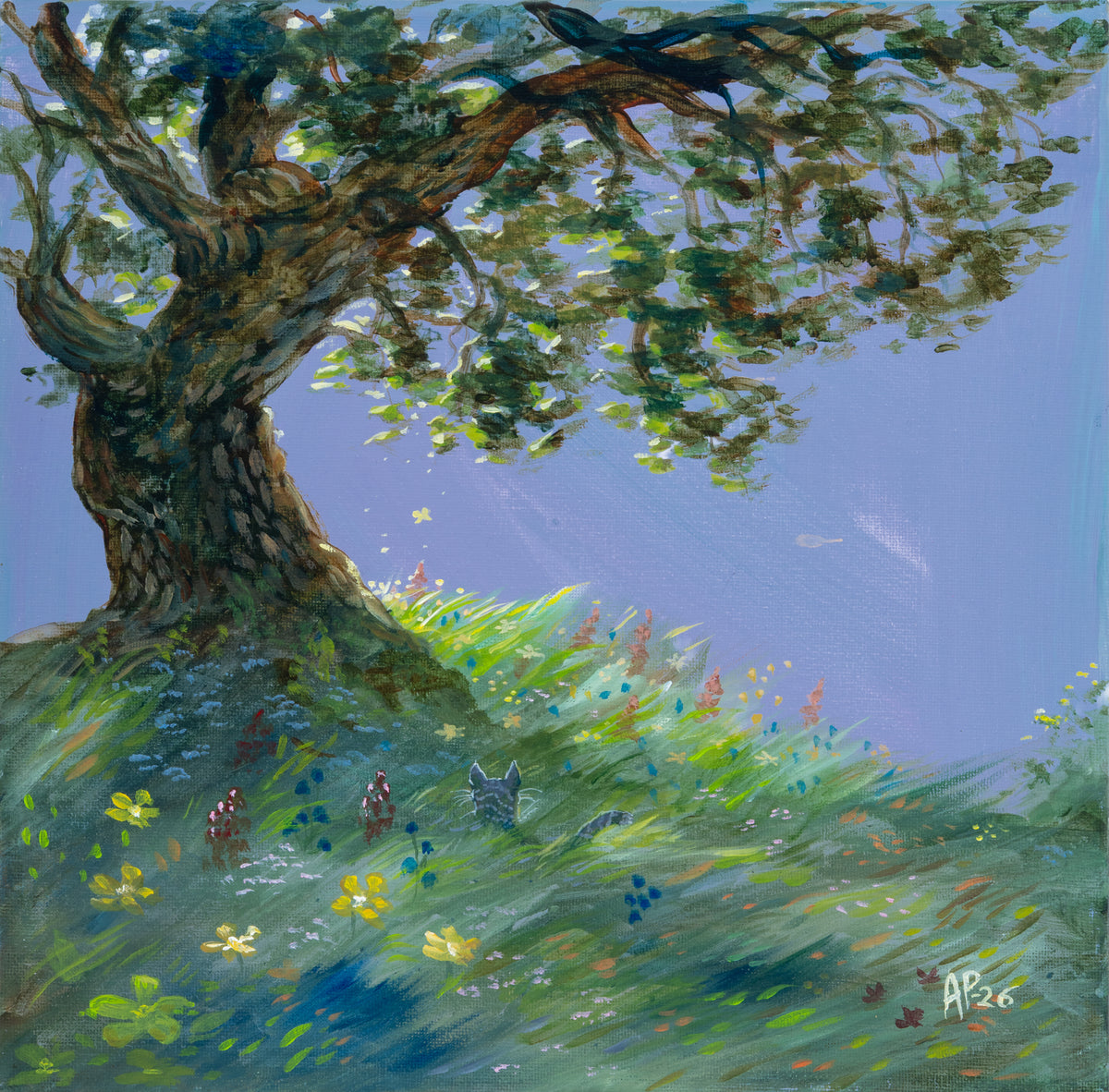Meadow Tree – Original Painting, 30 × 30 cm